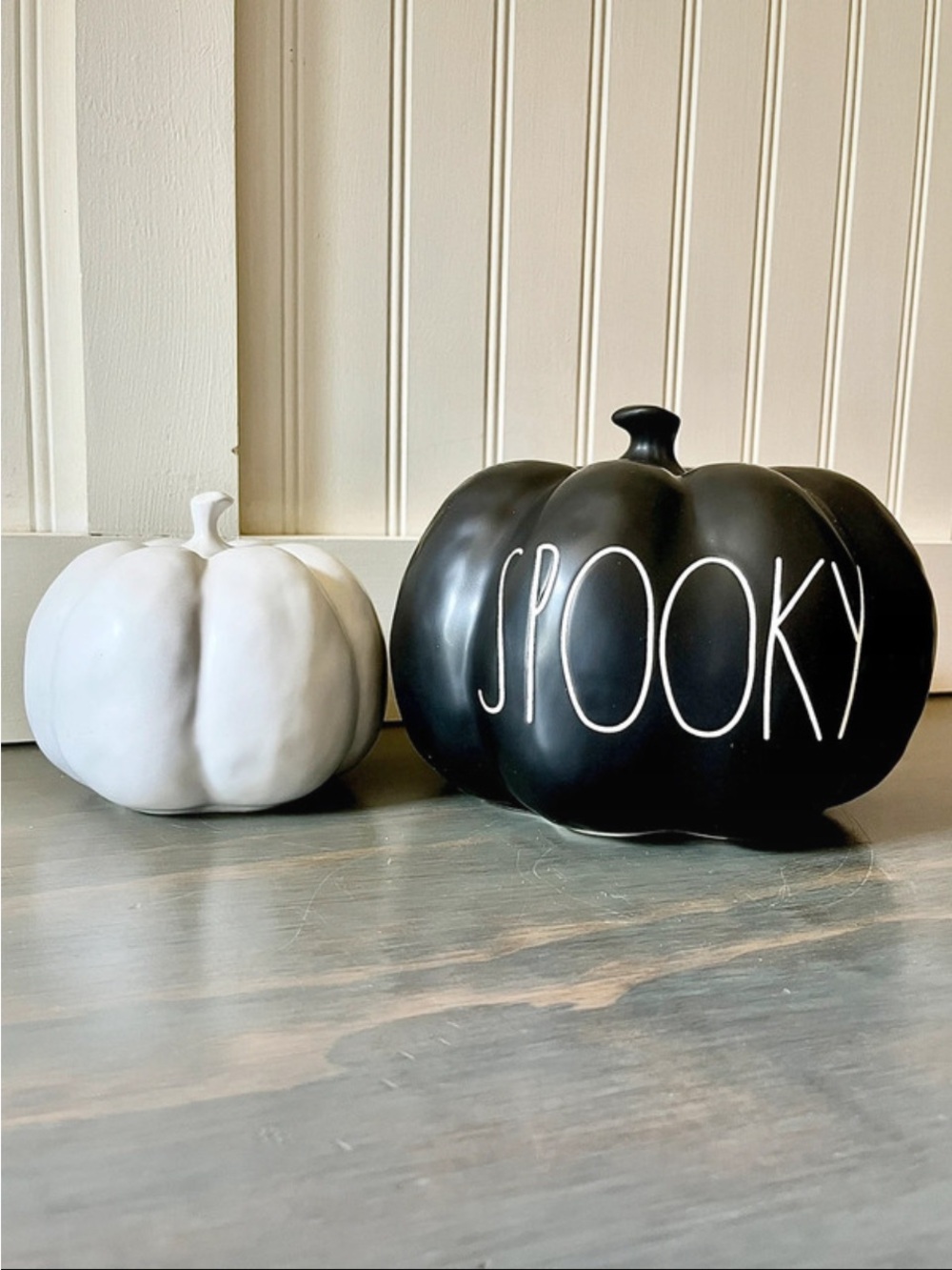 Rae Dunn Black Pumpkin with White Lettering and White Accent Pumpkin